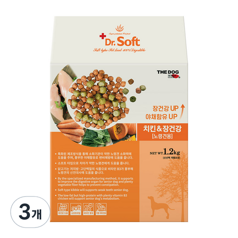 더독 강아지 닥터소프트 치킨 장건강 노령견용 사료, 닭, 1.2kg, 3개