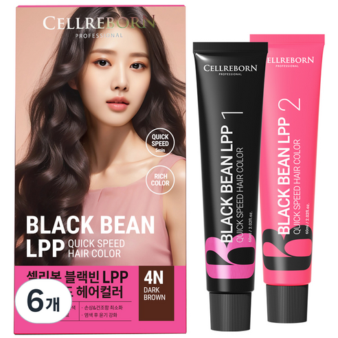 셀리본 블랙빈 LPP 퀵스피드 헤어컬러 염색 염모제 60ml + 산화제 60ml 세트, 4N 다크 브라운, 6개