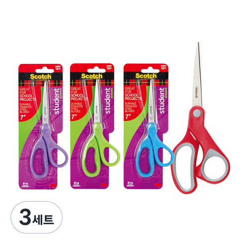 쓰리엠 스카치 학생용 가위 17.8cm + 스카치 다용도 가위 대 20.3cm 세트, 랜덤발송, 3세트