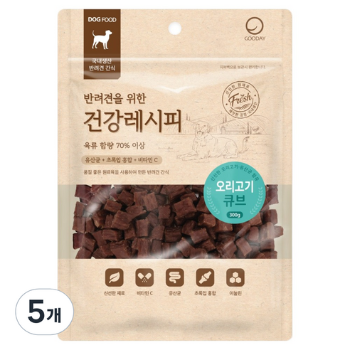 굿데이 강아지 건강레시피 간식, 오리고기 큐브, 300g, 5개