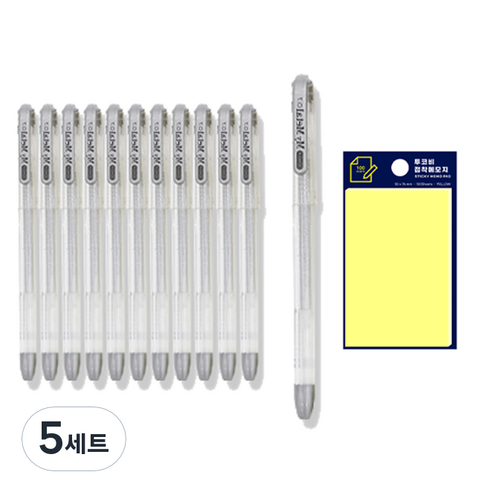 동아 마이메탈 펜 0.7mm 12p + 투코비 스티키 메모패드 노랑 세트, 은색, 5세트