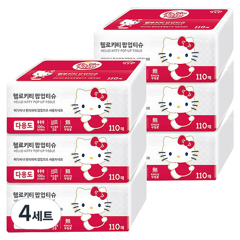 헬로키티 팝업 천연펄프 미용티슈 3겹 레드, 110매, 4세트