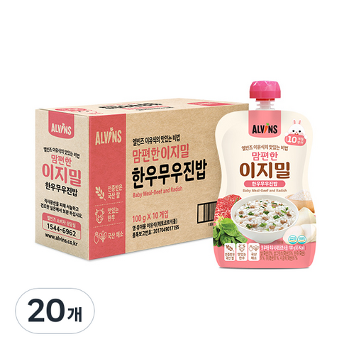 엘빈즈 이지밀 맘편한 파우치 이유식 10개월 이상, 한우무우진밥, 20개 한우무우진밥 × 20개 섬네일