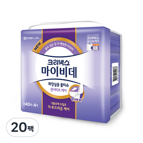 마이비데 크리넥스 센서티브케어 화장실용 물티슈 캡형, 40매, 20개