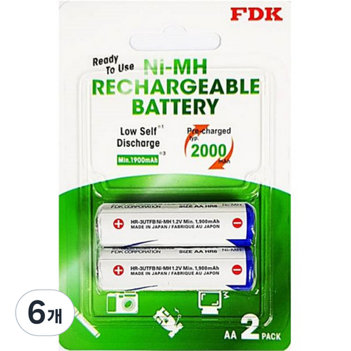 에프디케이 니켈수소 AA충전지 2000mAh, 2개입, 6개