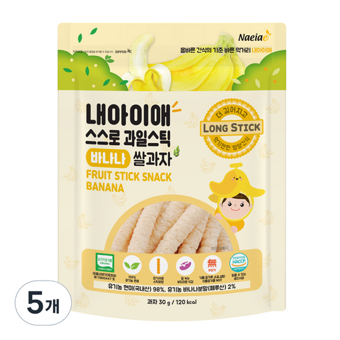 내아이애 유기농 스스로 과일 롱스틱 바나나, 30g, 5개