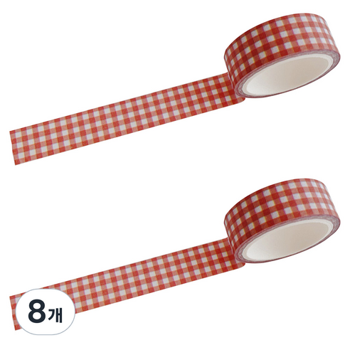 마켓A 컬러 체크 종이 마스킹 테이프 1.5cm x 5m, 레드, 8개