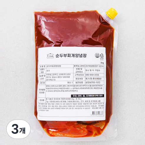 에이치쿡 순두부찌개 양념장, 2kg, 3개