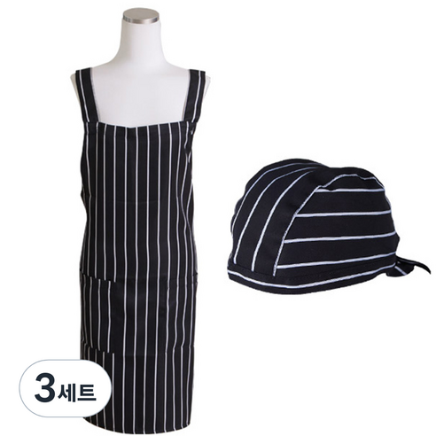 바이데코 북유럽패턴 앞치마 + 두건 세트, 스트라이프 블랙, 3세트