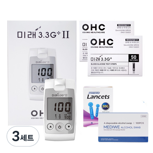 오상헬스케어 미래 3.3G 플러스 혈당측정기 + 시험지100매 + 침 110 + 솜 100매 혈당계 세트, 3세트