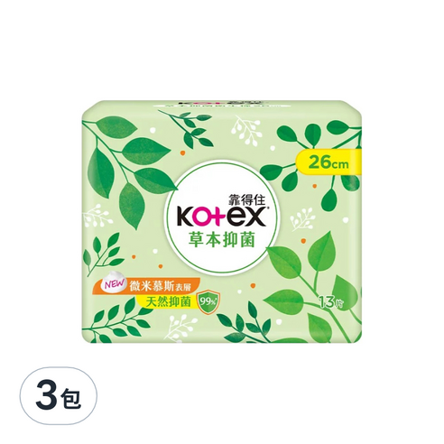 INTL:Kotex INTL:靠得住 INTL:草本抑菌 INTL:26cm INTL:微米慕斯表層 INTL:天然抑菌99% 衛生棉 生理期 親膚 乾爽