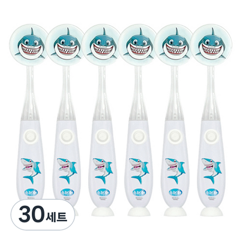 비브라이트 유아동 LED 뽁뽁이 상어 칫솔 + 칫솔모 보호커버 세트, 화이트, 30세트