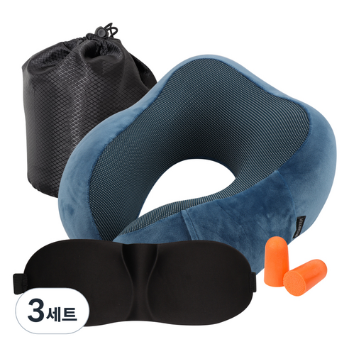 카템 떠나요 메모리폼 목쿠션 + 수면안대 + 귀마개 + 파우치 세트, 블루, 3세트