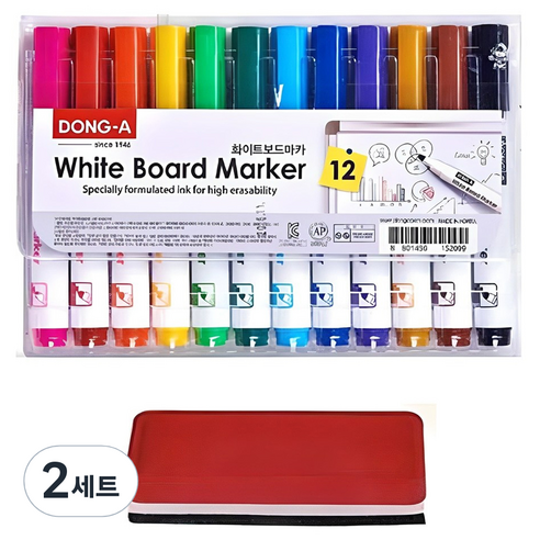 동아 화이트 보드마카 + 보드지우개, 분홍, 빨강, 주황, 노랑, 연두, 초록, 하늘, 파랑, 보라, 황토, 갈색, 검정, 2세트