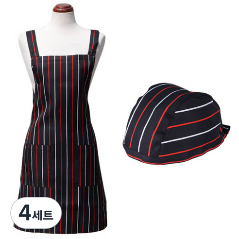 바이데코 북유럽패턴 앞치마 + 두건 세트, 스트라이프 레드, 4세트