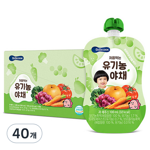 베베쿡 처음먹는 유기농 야채 100ml, 과일야채맛, 40개