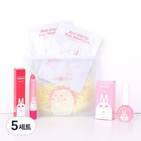 레시피박스 어린이 여행용 심플 메이크업 세트, 휴대용 파우치 + 어린이 마스크팩 2p + 립크레용 + 매니큐어 체리블라썸, 5세트