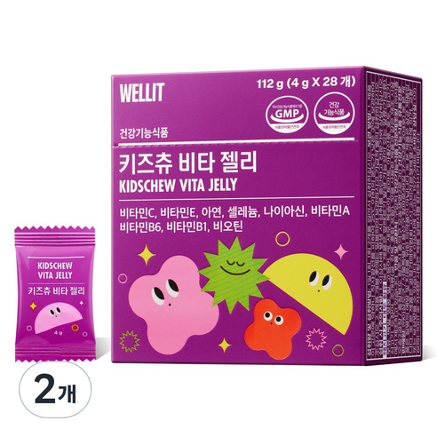 웰릿 키즈츄 비타 젤리 성장기 영양제 7종 비타민 엘더베리맛 28p, 112g, 2개