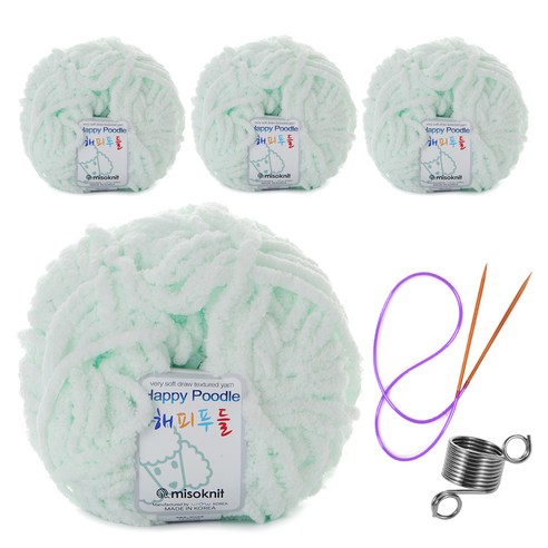 미소털실 해피푸들 극세사 수면 뜨개실 80g 4p + 줄바늘 랜덤 발송 + 뜨개반지, 02민트, 1세트