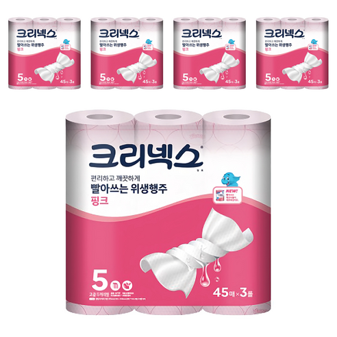 크리넥스 빨아쓰는 위생행주 핑크 45매, 3롤, 5개