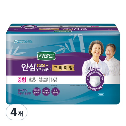 디펜드 남녀공용 프리미엄 안심플러스 언더웨어 성인기저귀 중형, 14매입, 4개