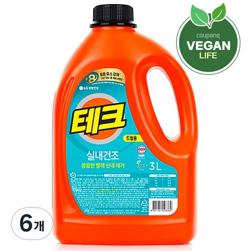 테크 실내건조 세탁세제 본품, 3L, 6개