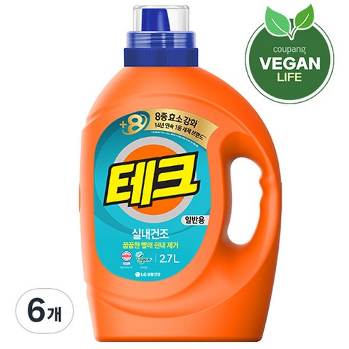 테크 실내건조 세탁세제 일반용 본품, 2.7L, 6개