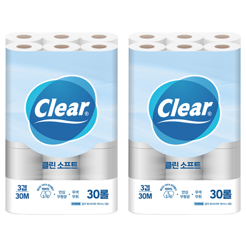 광진클리어 3겹 클린 소프트 천연펄프 화장지, 30m, 30롤, 2개