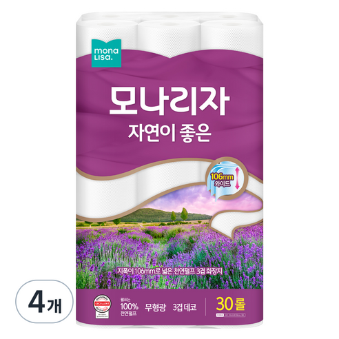 모나리자 자연이 좋은 천연펄프 3겹 고급 롤 화장지, 30m, 30개입, 4개
