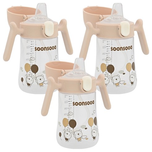 순수아 유아용 추달린 원터치 스파우트컵 240ml, 베이지, 3개