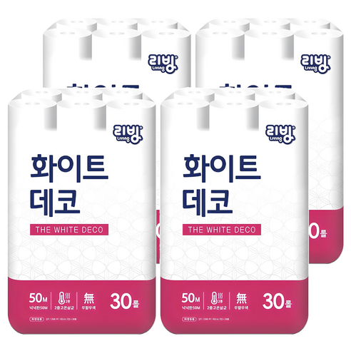 리빙티슈 2겹 화이트데코 일반롤화장지, 50m, 30개입, 4개