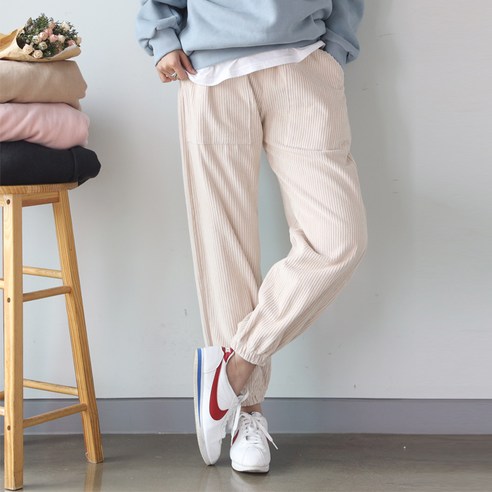 빼빼 여성용 골덴 코듀로이 루즈핏 밴딩 배기조거팬츠