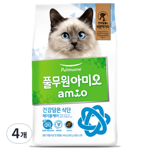 풀무원아미오 고양이 건강담은 식단 기능성 사료, 헤어볼, 400g, 4개