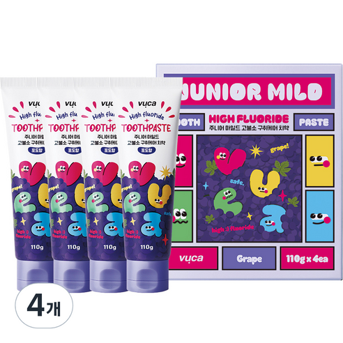 뷰카 주니어 마일드 고불소 구취케어 치약 포도향 4p, 440g, 4개