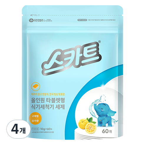 스카트 올인원 식기세척기 세제 뽀드득 유자향 60p, 600g, 4개