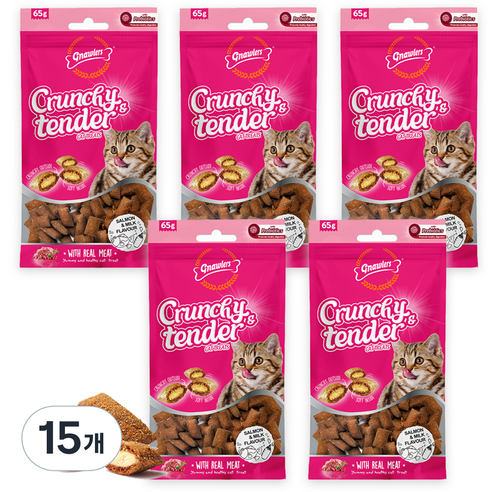 고양이 크런치 앤 텐더 간식, 혼합(연어/우유), 65g, 15개