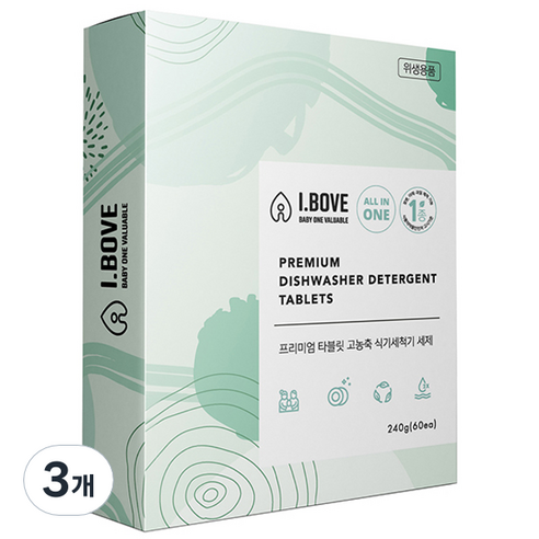 아이보브 유아용 프리미엄 타블릿 고체 식기세척기 세제 60정, 240g, 3개