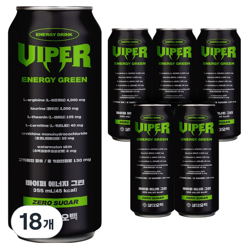 삼대오백 바이퍼 에너지 그린 제로 음료, 18개, 355ml