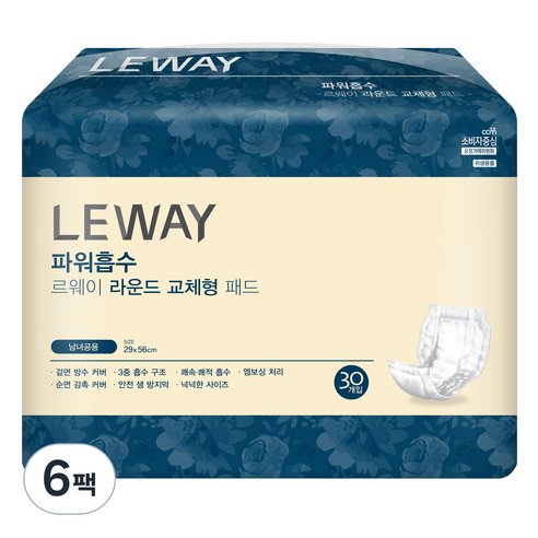 르웨이 남녀공용 파워흡수 라운드 교체형 패드, 중형, 30매입, 6개