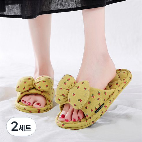오브메종 3중 쿠션 딸기 리본 면 슬리퍼, 옐로우, 2세트