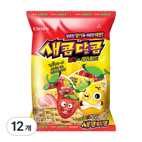 크라운제과 새콤달콤 딸기 레모네이드 캔디, 200g, 12개