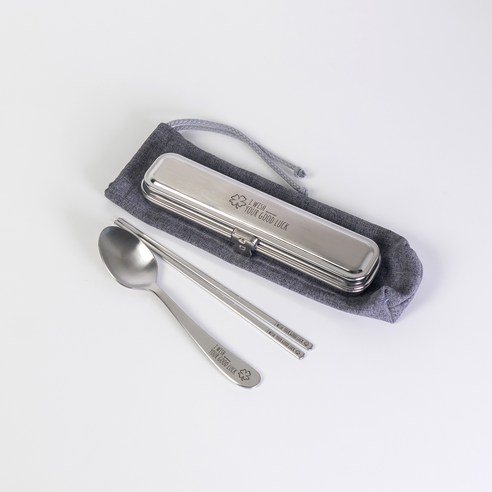 라온누리 클로버 휴대용 스텐 수저통 세트 소, 그레이, 1세트, 수저통 + 스푼 + 젓가락 + 수저집