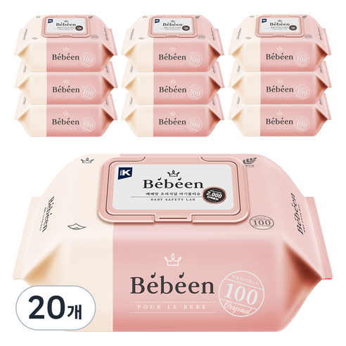 베베앙 오리지널 영유아물티슈 캡형, 52g, 100매, 20개