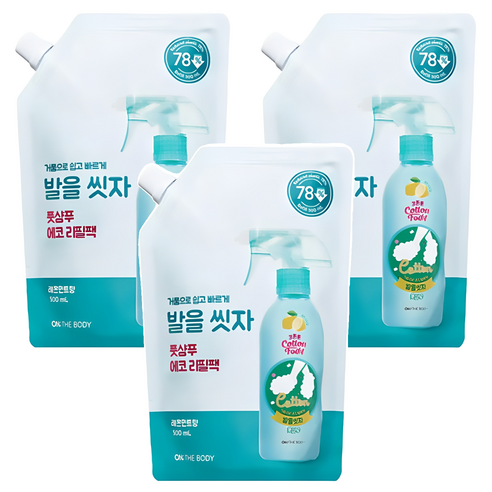 온더바디 코튼풋 발을 씻자 풋샴푸 레몬민트향 에코 리필팩, 1개입, 3개, 500ml