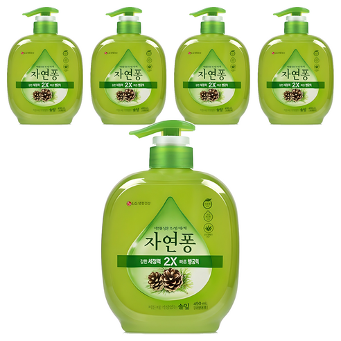 자연퐁 찌든때 걱정없는 솔잎 주방세제 용기형, 490ml, 5개