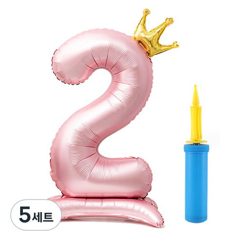 올리브파티 초대형 스탠딩 왕관 숫자 생일풍선 + 손펌프 세트, 핑크(숫자2), 5세트
