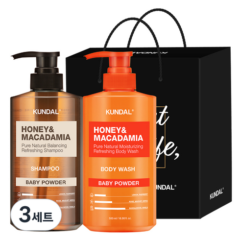 쿤달 샴푸 500ml + 바디워시 500ml 2구 선물세트 E 베이비파우더 + 쇼핑백 블랙, 3세트