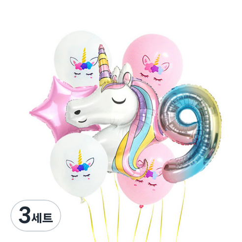 이모쿠비 생일파티 숫자풍선세트, 유니콘 9, 3세트