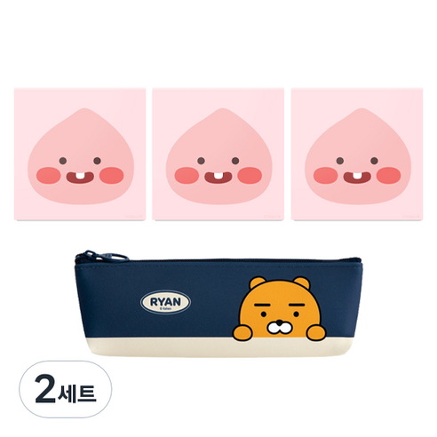 카카오프렌즈 모던st 미니 삼각 필통 + 사각메모지 문구세트, 네이비 라이언(삼각 필통), 리틀어피치(메모지), 2세트