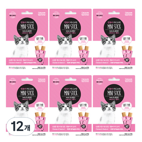 캣퓨어 미니스틱, 닭가슴살 + 씨푸드 혼합맛, 56g, 12개